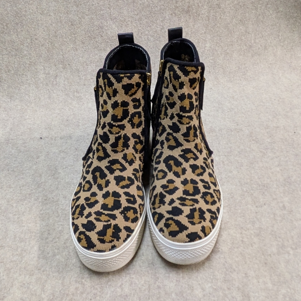 Steve Madden Black & Tan Knit Fabric & Leather Leopard Wedges Sz 7 Teens/Women - Picture 3 of 10